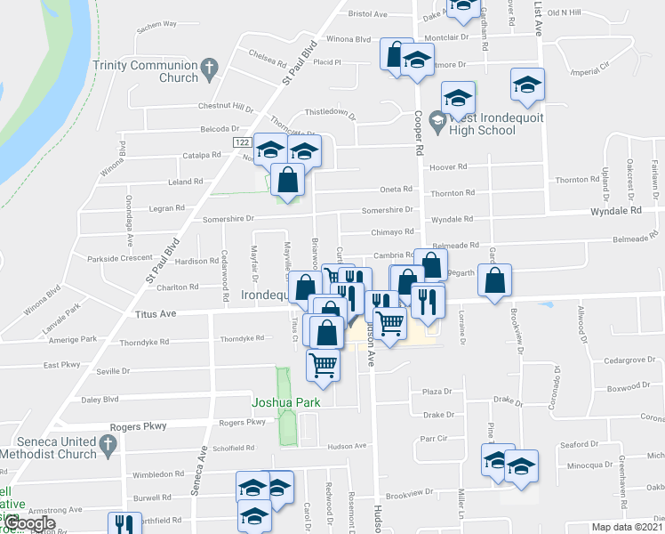 map of restaurants, bars, coffee shops, grocery stores, and more near 65 Curtice Road in Rochester