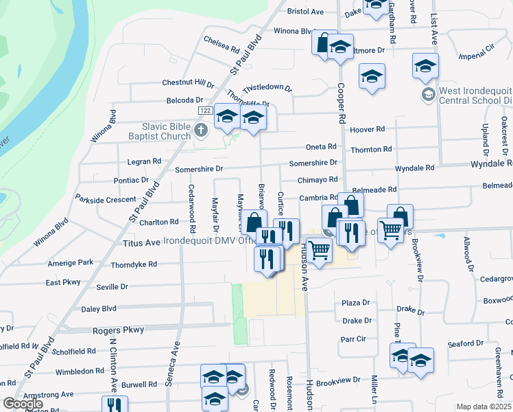 map of restaurants, bars, coffee shops, grocery stores, and more near 67 Briarwood Dr in Rochester