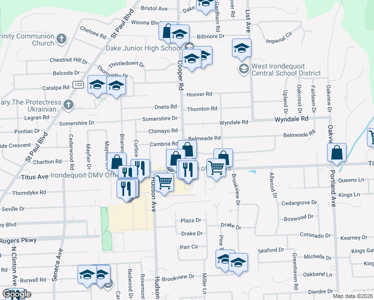 map of restaurants, bars, coffee shops, grocery stores, and more near 60 Cooper Road in Rochester