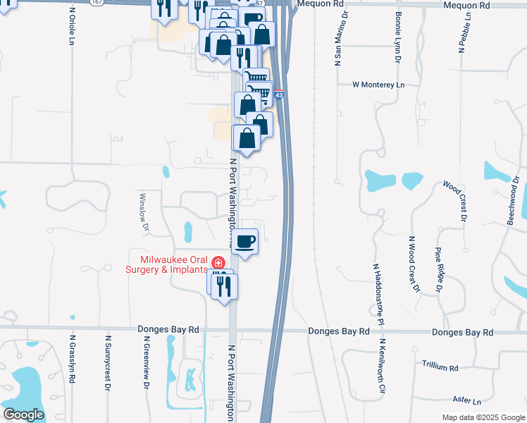 map of restaurants, bars, coffee shops, grocery stores, and more near 10624 North Port Washington Road in Mequon
