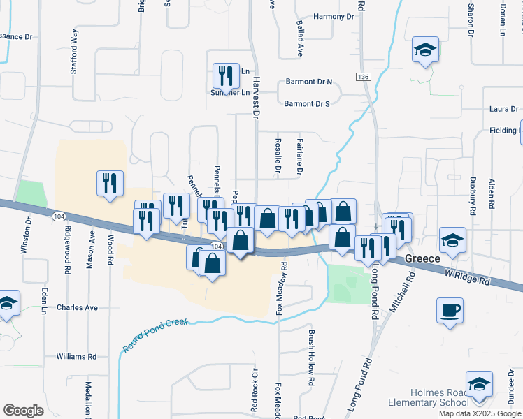 map of restaurants, bars, coffee shops, grocery stores, and more near 84 Harvest Drive in Rochester
