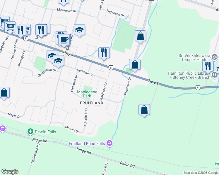 map of restaurants, bars, coffee shops, grocery stores, and more near 17 Clearview Drive in Hamilton