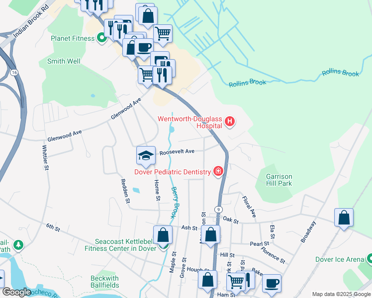 map of restaurants, bars, coffee shops, grocery stores, and more near 11 Roosevelt Avenue in Dover