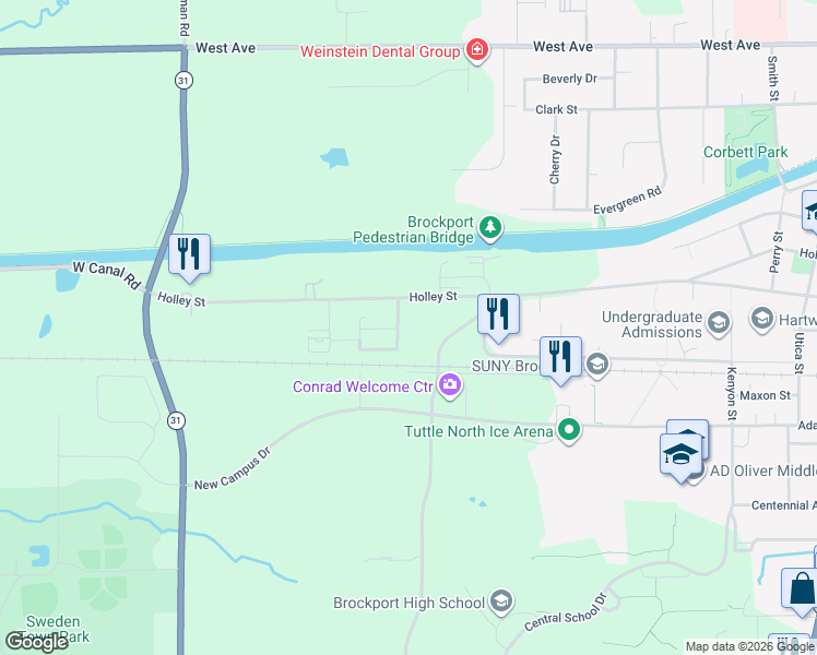 map of restaurants, bars, coffee shops, grocery stores, and more near 419l Holley Street in Brockport