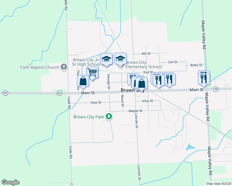 map of restaurants, bars, coffee shops, grocery stores, and more near 4325 Main Street in Brown City