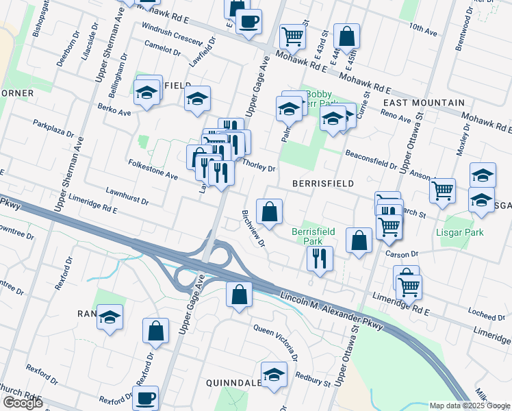 map of restaurants, bars, coffee shops, grocery stores, and more near 36 Birchcliffe Crescent in Hamilton