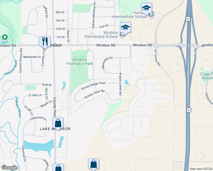 map of restaurants, bars, coffee shops, grocery stores, and more near 4381 Snowy Ridge Trail in Windsor