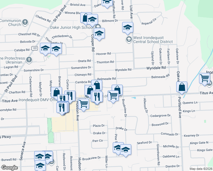 map of restaurants, bars, coffee shops, grocery stores, and more near 62 Hedgegarth Drive in Irondequoit