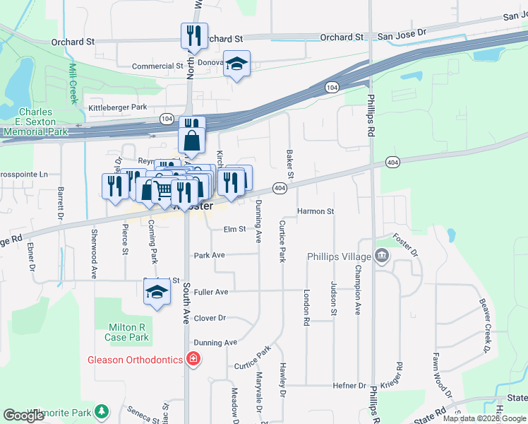 map of restaurants, bars, coffee shops, grocery stores, and more near 30 Dunning Avenue in Webster