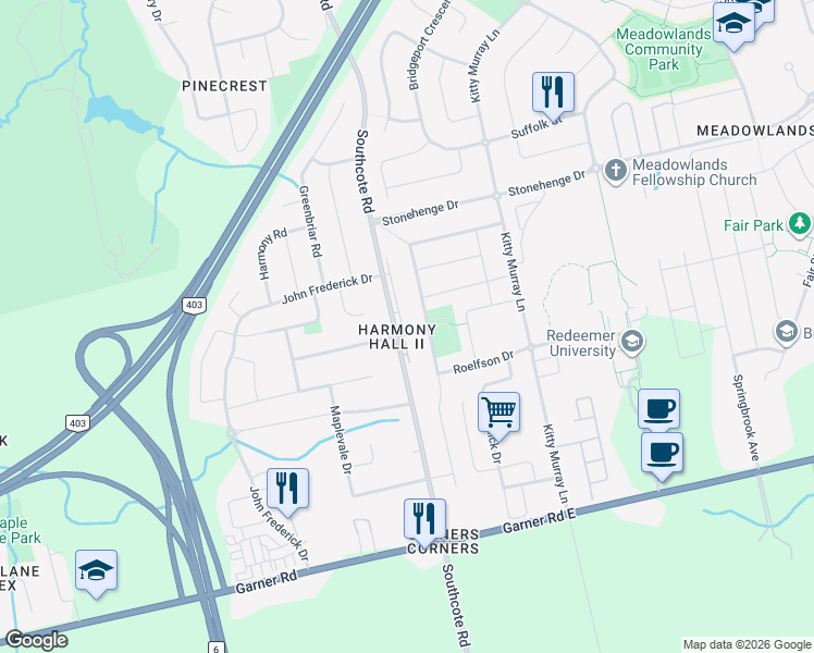 map of restaurants, bars, coffee shops, grocery stores, and more near 361 Gray Court Drive in Hamilton