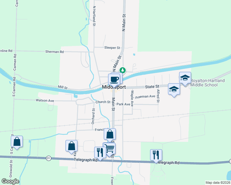 map of restaurants, bars, coffee shops, grocery stores, and more near 8 Vernon Street in Middleport