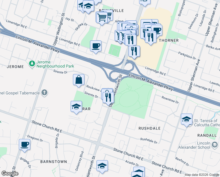 map of restaurants, bars, coffee shops, grocery stores, and more near 237 Crerar Drive in Hamilton