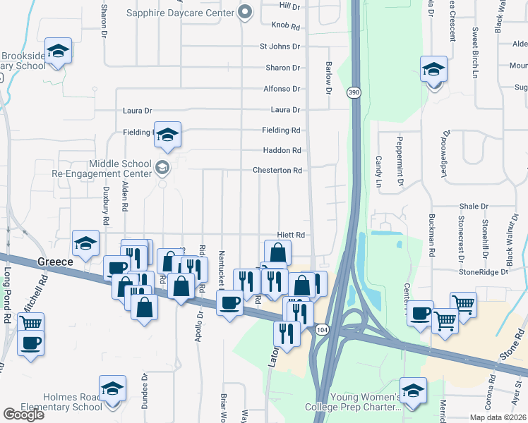 map of restaurants, bars, coffee shops, grocery stores, and more near 218 Newton Road in Rochester