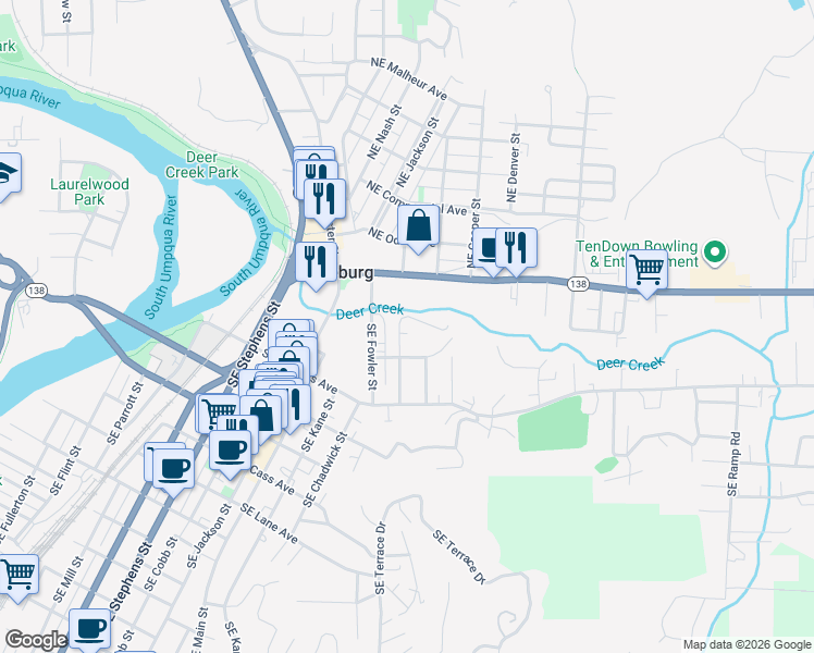 map of restaurants, bars, coffee shops, grocery stores, and more near 238 Southeast Pitzer Street in Roseburg