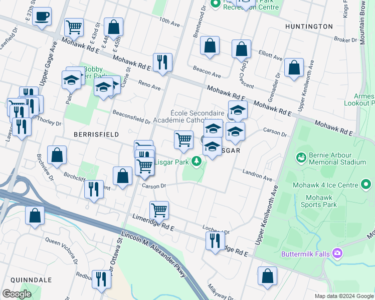 map of restaurants, bars, coffee shops, grocery stores, and more near 71 Moxley Drive in Hamilton