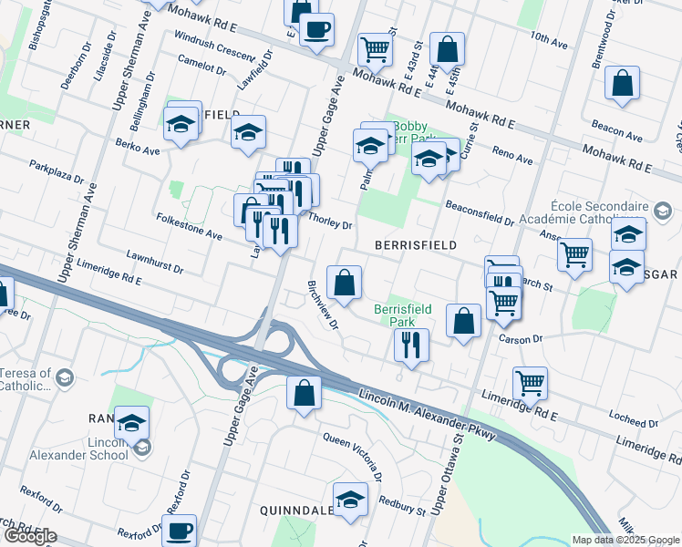 map of restaurants, bars, coffee shops, grocery stores, and more near 32 Birchcliffe Crescent in Hamilton