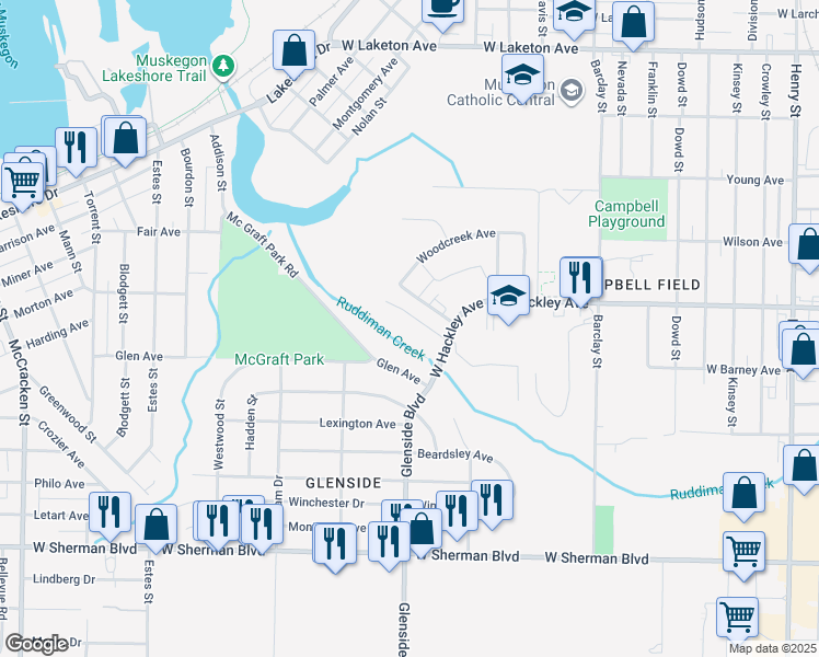 map of restaurants, bars, coffee shops, grocery stores, and more near 1421 Creek Drive in Muskegon