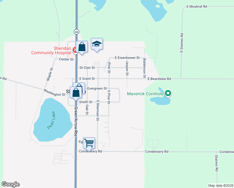 map of restaurants, bars, coffee shops, grocery stores, and more near 206 Pearl Street in Sheridan