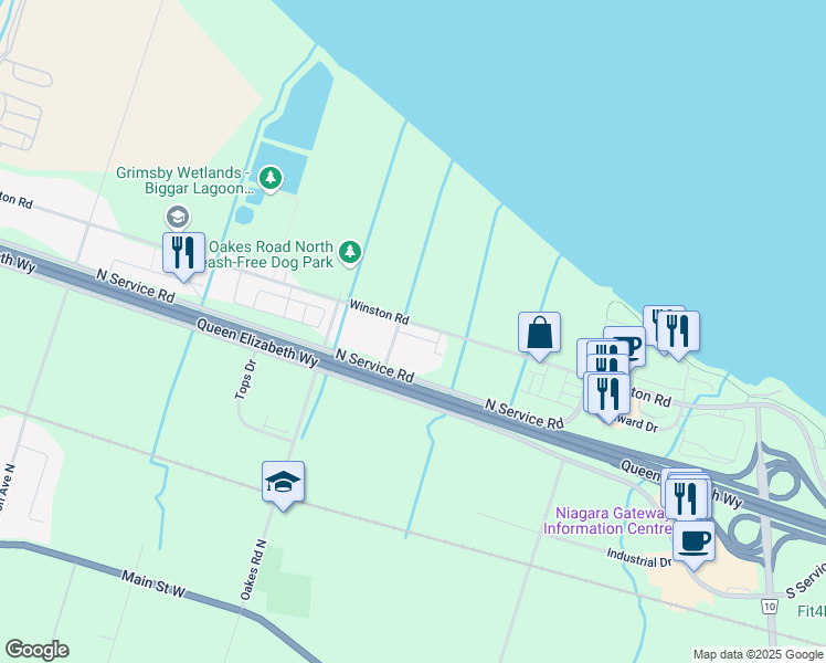 map of restaurants, bars, coffee shops, grocery stores, and more near 7 Lakelawn Road in Grimsby