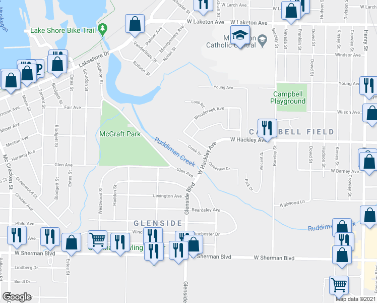 map of restaurants, bars, coffee shops, grocery stores, and more near 1421 Creek Drive in Muskegon