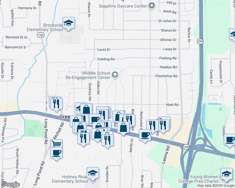 map of restaurants, bars, coffee shops, grocery stores, and more near 170 Alcott Road in Rochester
