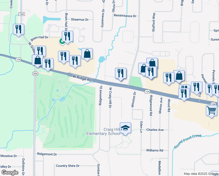 map of restaurants, bars, coffee shops, grocery stores, and more near 25 West Craig Hill Drive in Rochester