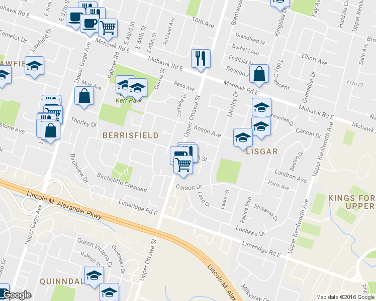 map of restaurants, bars, coffee shops, grocery stores, and more near 207 Larch Street in Hamilton