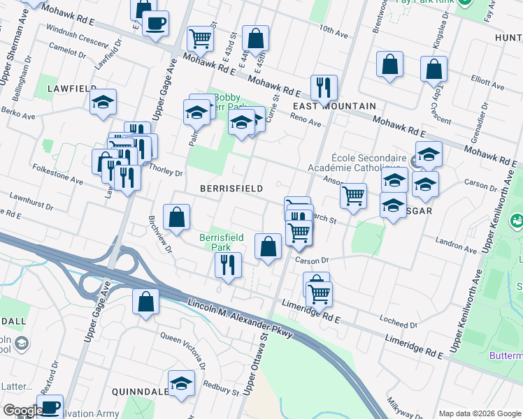 map of restaurants, bars, coffee shops, grocery stores, and more near 275 Birchcliffe Crescent in Hamilton