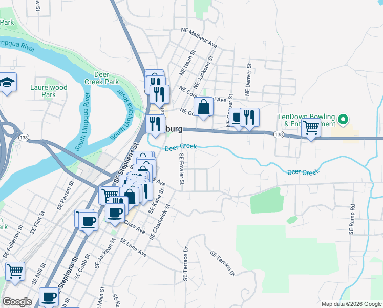 map of restaurants, bars, coffee shops, grocery stores, and more near 238 Southeast Pitzer Street in Roseburg