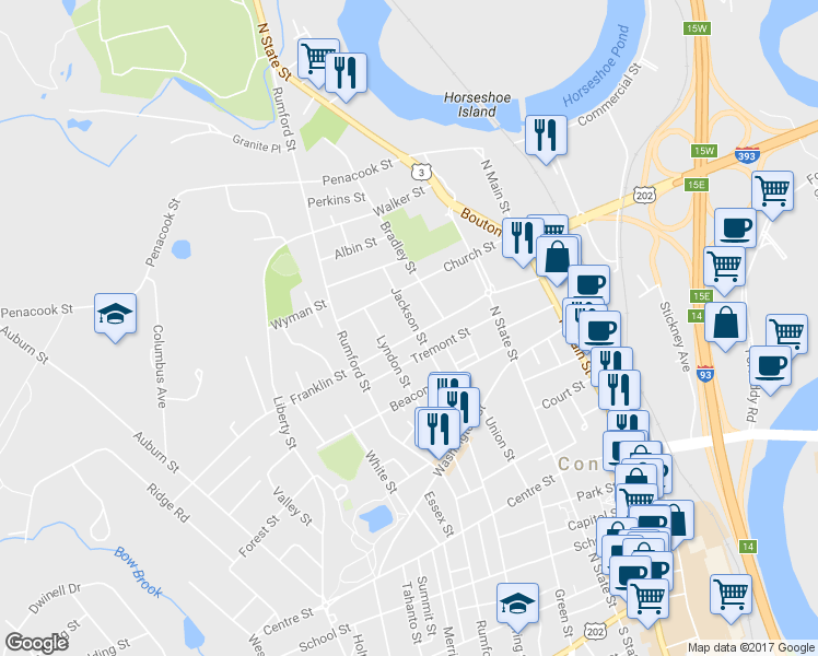 map of restaurants, bars, coffee shops, grocery stores, and more near 37 Jackson Street in Concord