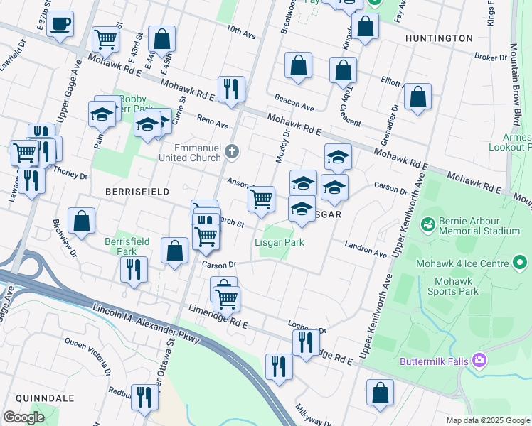 map of restaurants, bars, coffee shops, grocery stores, and more near 71 Moxley Drive in Hamilton