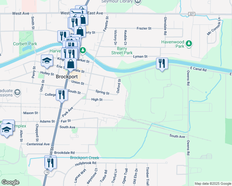 map of restaurants, bars, coffee shops, grocery stores, and more near 83 Spring Street in Brockport