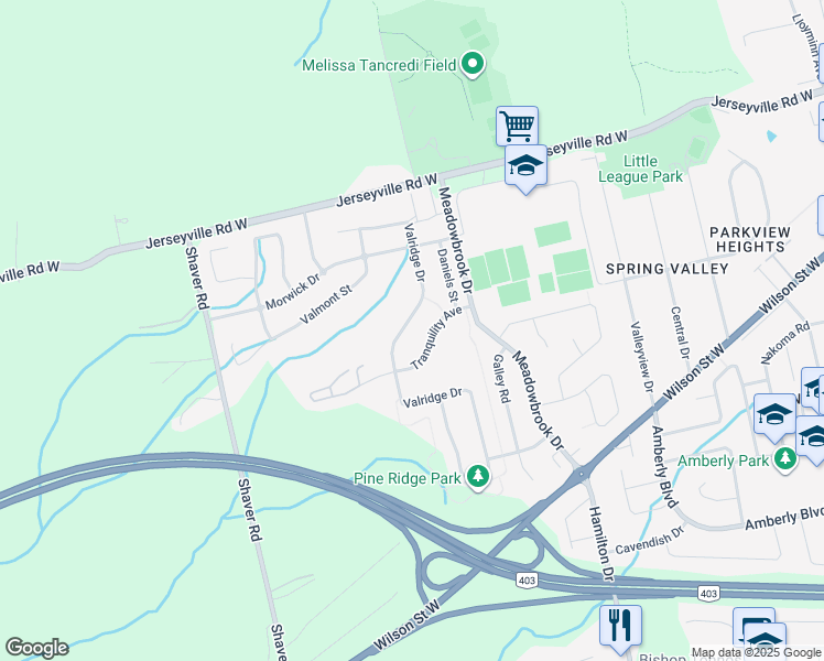 map of restaurants, bars, coffee shops, grocery stores, and more near 211 Valridge Drive in Hamilton