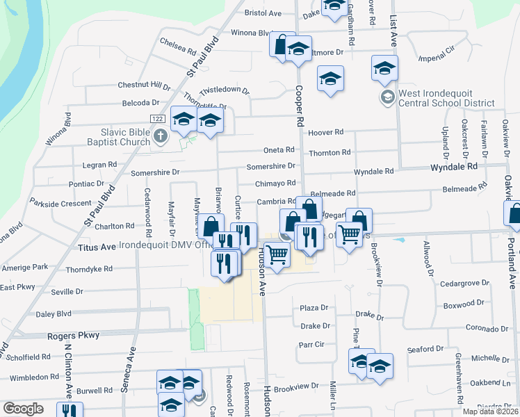 map of restaurants, bars, coffee shops, grocery stores, and more near 43 Cambria Road in Rochester