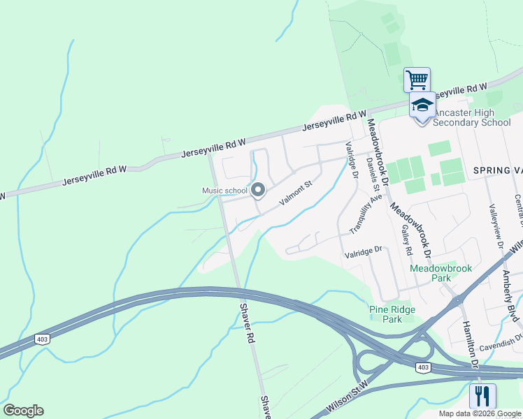 map of restaurants, bars, coffee shops, grocery stores, and more near 159 Moore Crescent in Hamilton