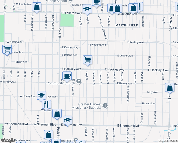 map of restaurants, bars, coffee shops, grocery stores, and more near 2204 Hoyt Street in Muskegon Heights