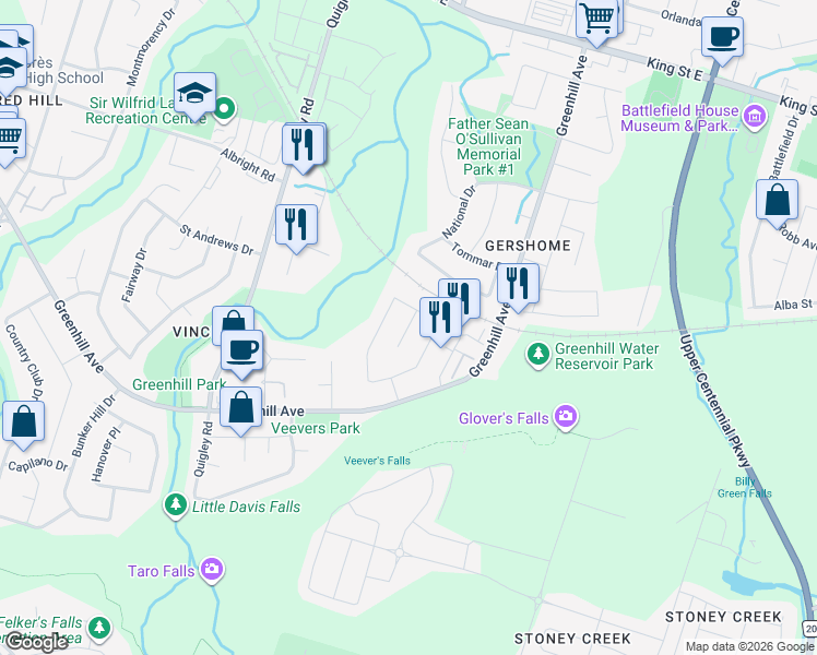 map of restaurants, bars, coffee shops, grocery stores, and more near Tara Court in Hamilton