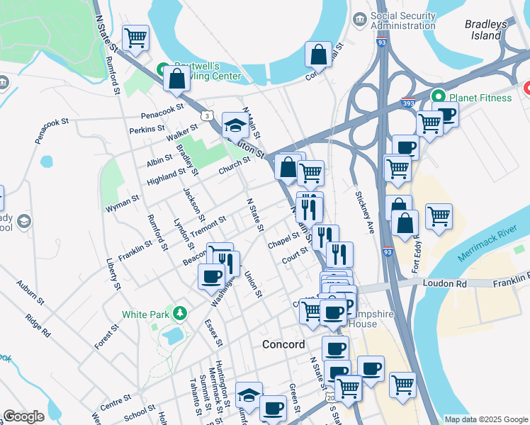 map of restaurants, bars, coffee shops, grocery stores, and more near 19 Pearl Street in Concord