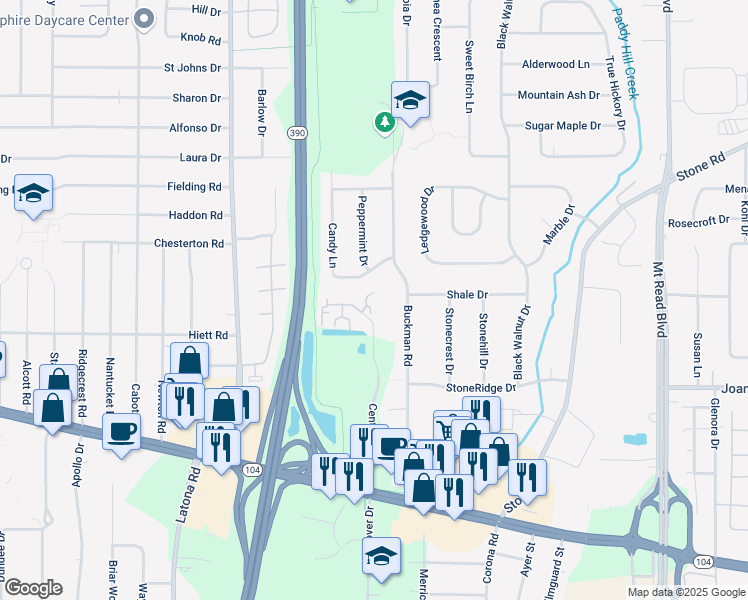 map of restaurants, bars, coffee shops, grocery stores, and more near 920 Center Place Drive in Greece