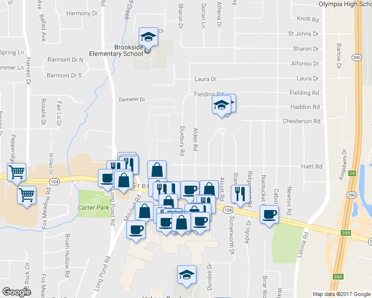 map of restaurants, bars, coffee shops, grocery stores, and more near 146 Duxbury Rd in Rochester