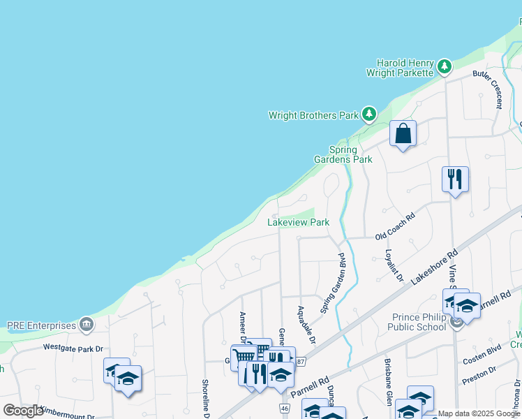 map of restaurants, bars, coffee shops, grocery stores, and more near Waterfront Trail in St. Catharines