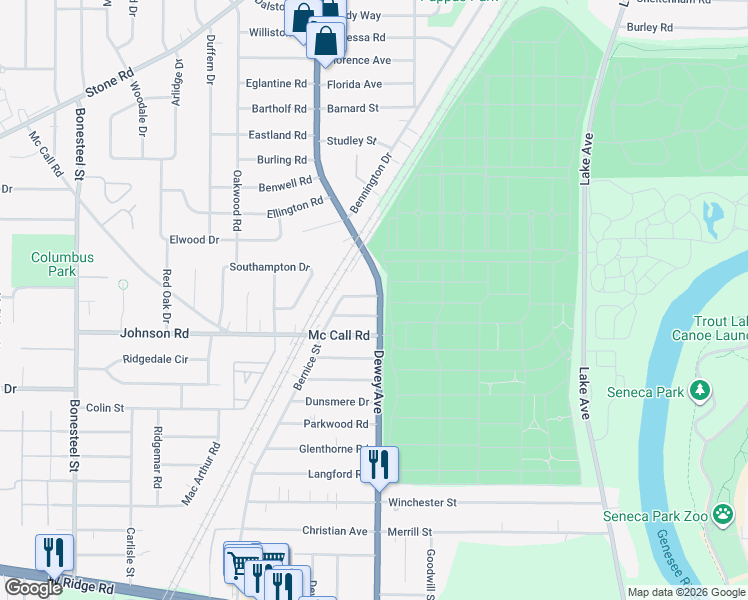 map of restaurants, bars, coffee shops, grocery stores, and more near 2365 Dewey Avenue in Rochester