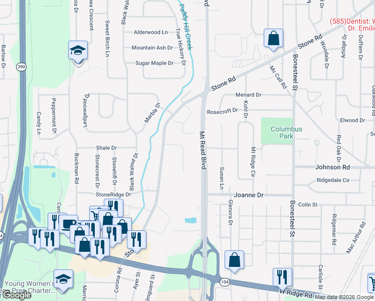 map of restaurants, bars, coffee shops, grocery stores, and more near 82 Ridgelea Court in Rochester