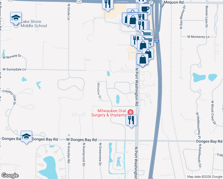 map of restaurants, bars, coffee shops, grocery stores, and more near 10634 North Magnolia Drive in Mequon