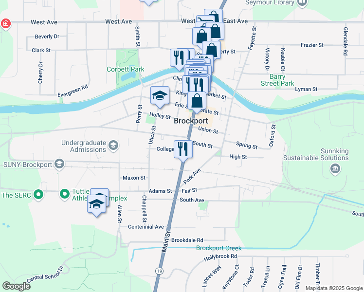 map of restaurants, bars, coffee shops, grocery stores, and more near 172 Main Street South in Brockport