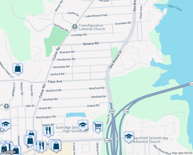 map of restaurants, bars, coffee shops, grocery stores, and more near 2360 County Road 91 in Irondequoit