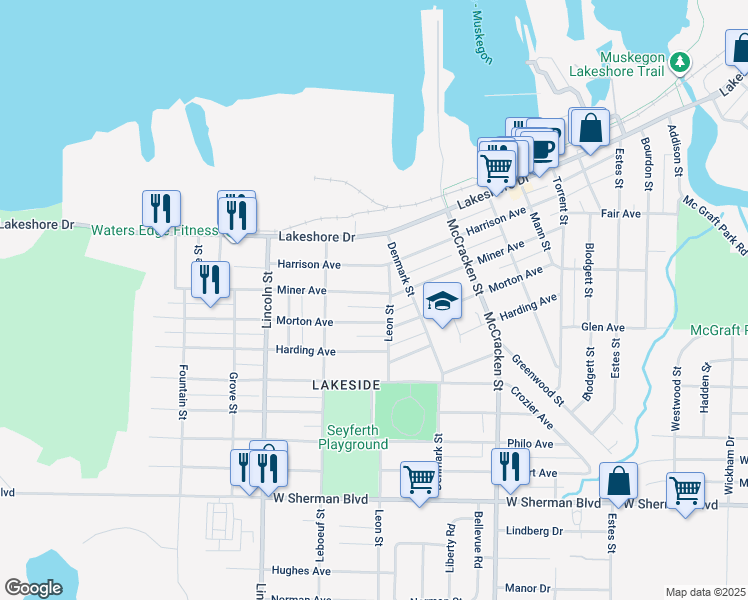 map of restaurants, bars, coffee shops, grocery stores, and more near 2215 Miner Avenue in Muskegon