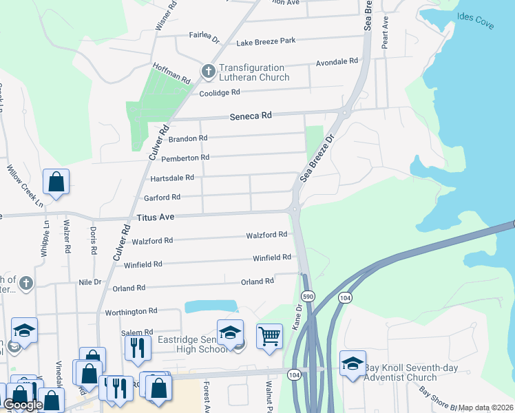 map of restaurants, bars, coffee shops, grocery stores, and more near 2360 County Road 91 in Irondequoit