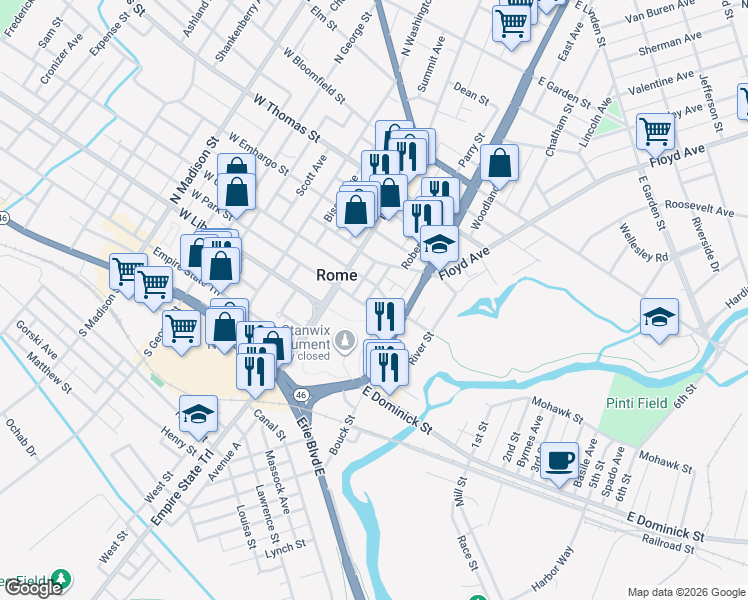 map of restaurants, bars, coffee shops, grocery stores, and more near 206 Steuben Street in Rome