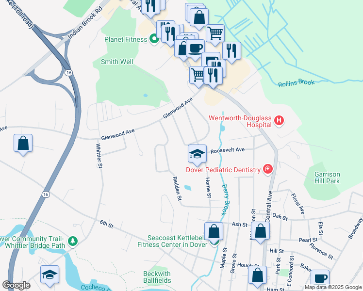 map of restaurants, bars, coffee shops, grocery stores, and more near 2 Glencrest Avenue in Dover